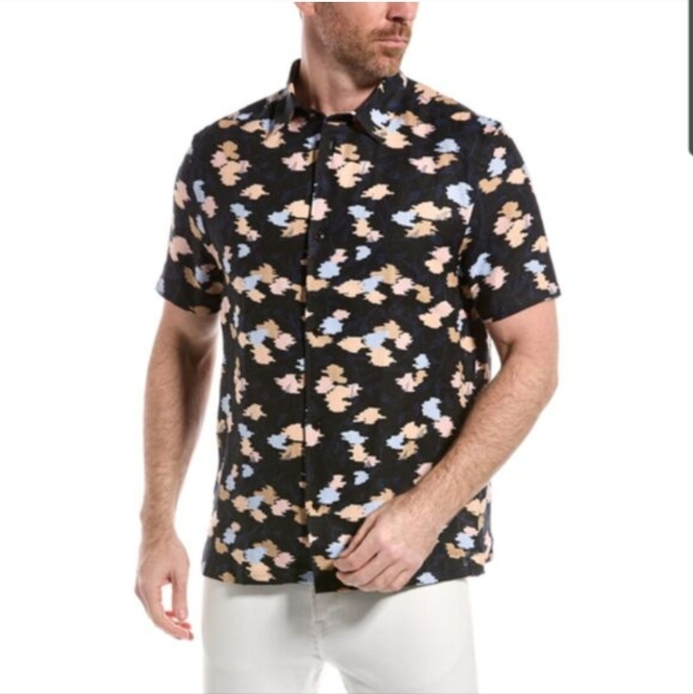 Ted Baker Men’s Black Hadrian Abstract Floral Linen Shirt  Size 7 (XXXL)